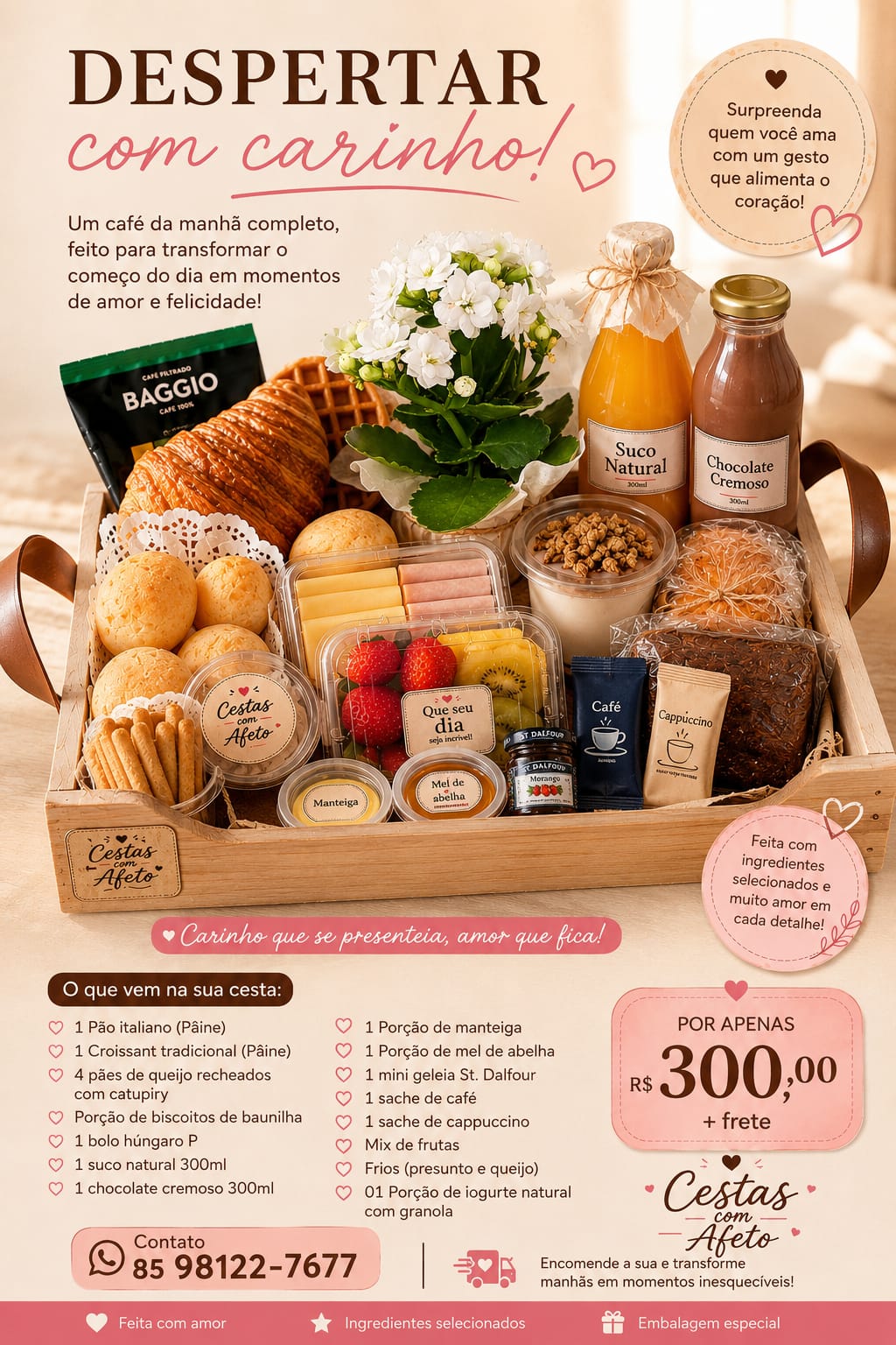 Cesta de café da manhã Despertar, com pães, frutas, bebidas e flores